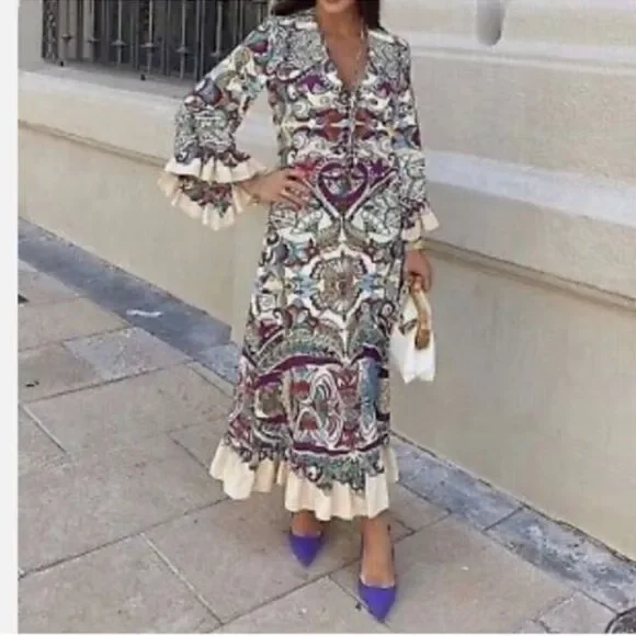 knee length dresses for ladies Zara Midi Dress Burgundy/Blue Floral Print Size Extra Small Long Sleev –  Celebrity Owned main image 0